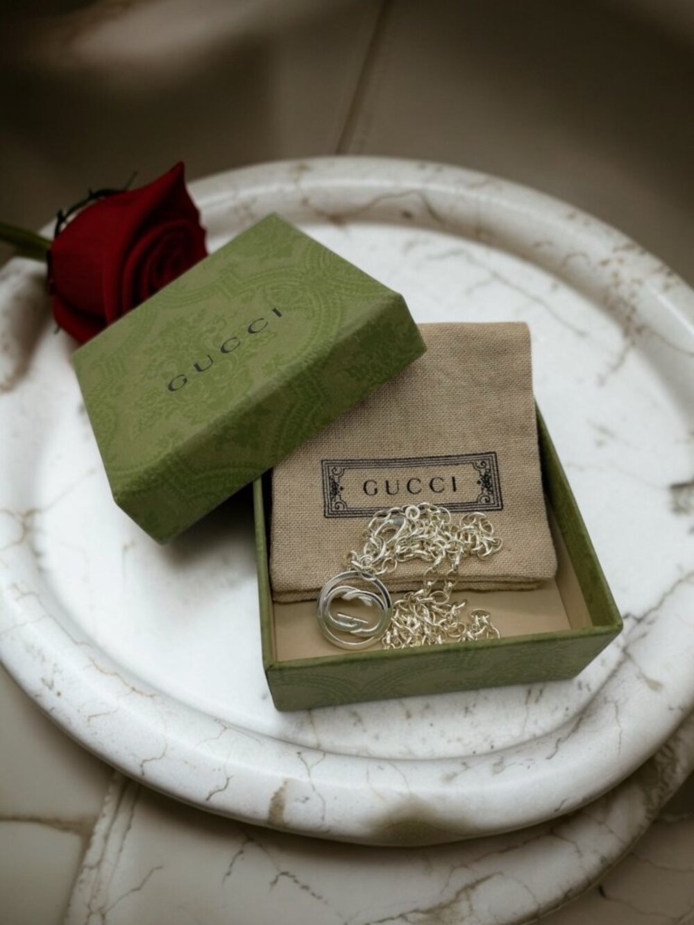 Gucci Doppia Interlocking G Circle Pendant Necklace Silver 925